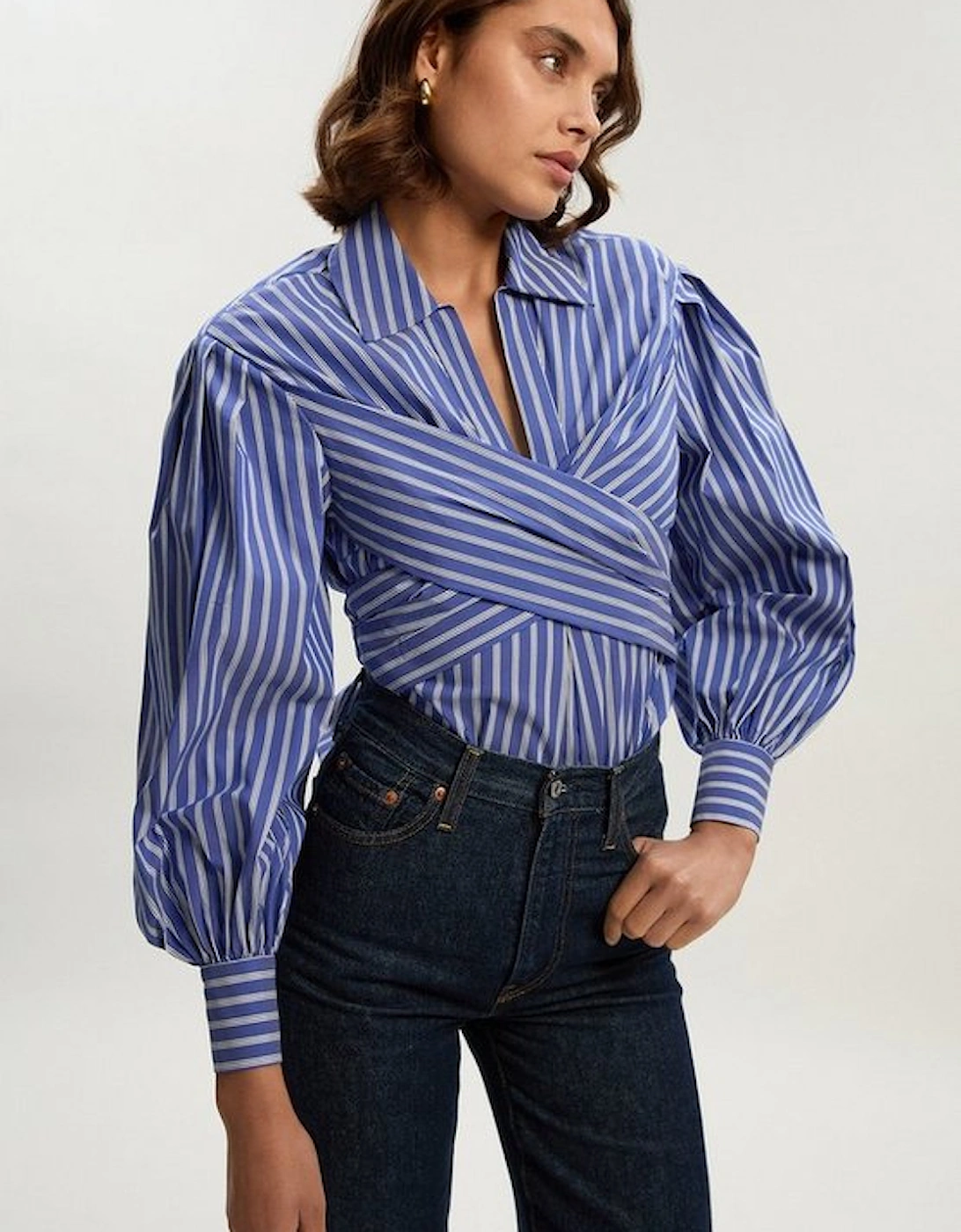 Stripe Cotton Poplin Drama Sleeve Woven Wrap Detail Blouse, 2 of 1
