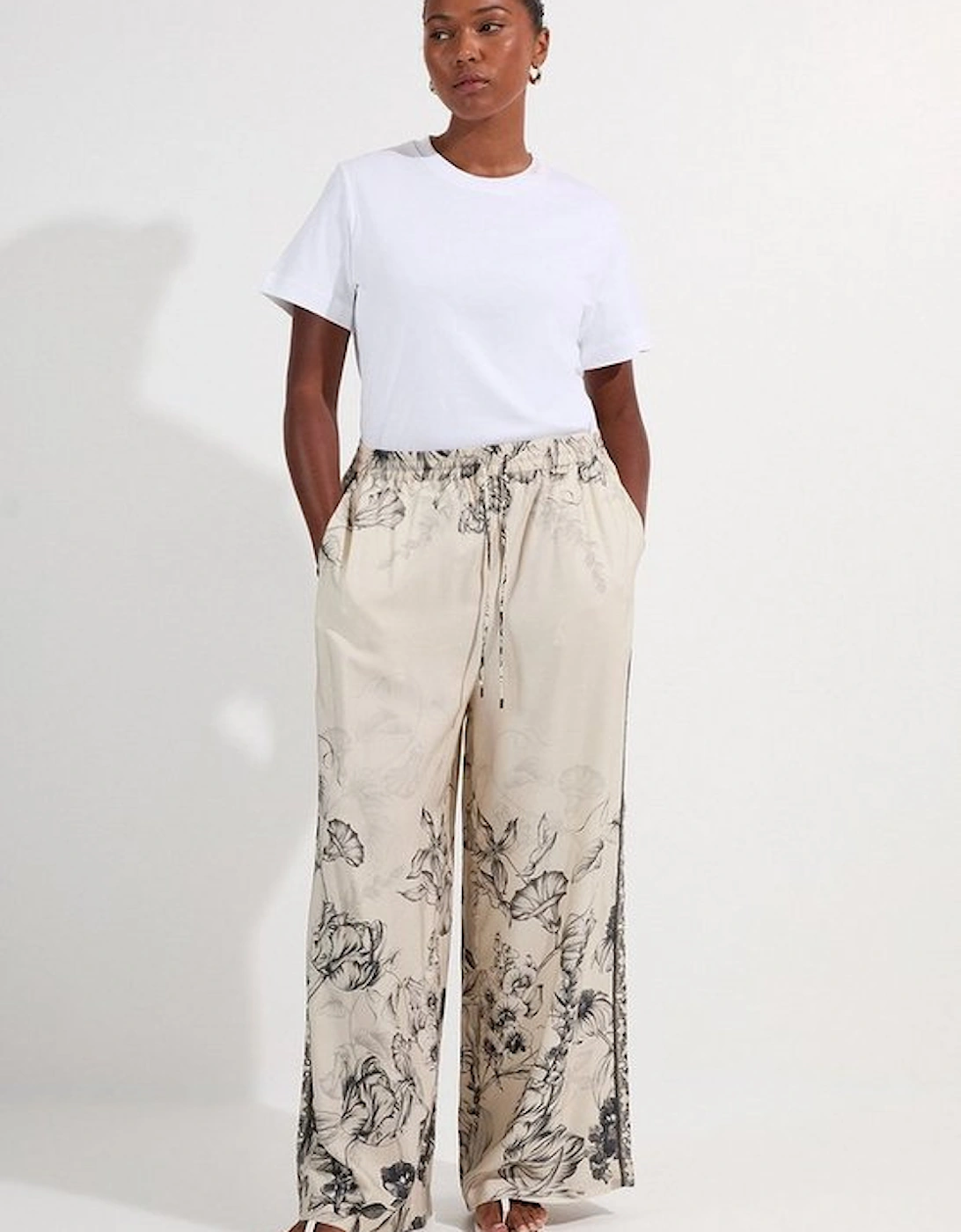 Plus Size Viscose Linen Scenic Placed Print Woven Wide Leg Trousers, 2 of 1