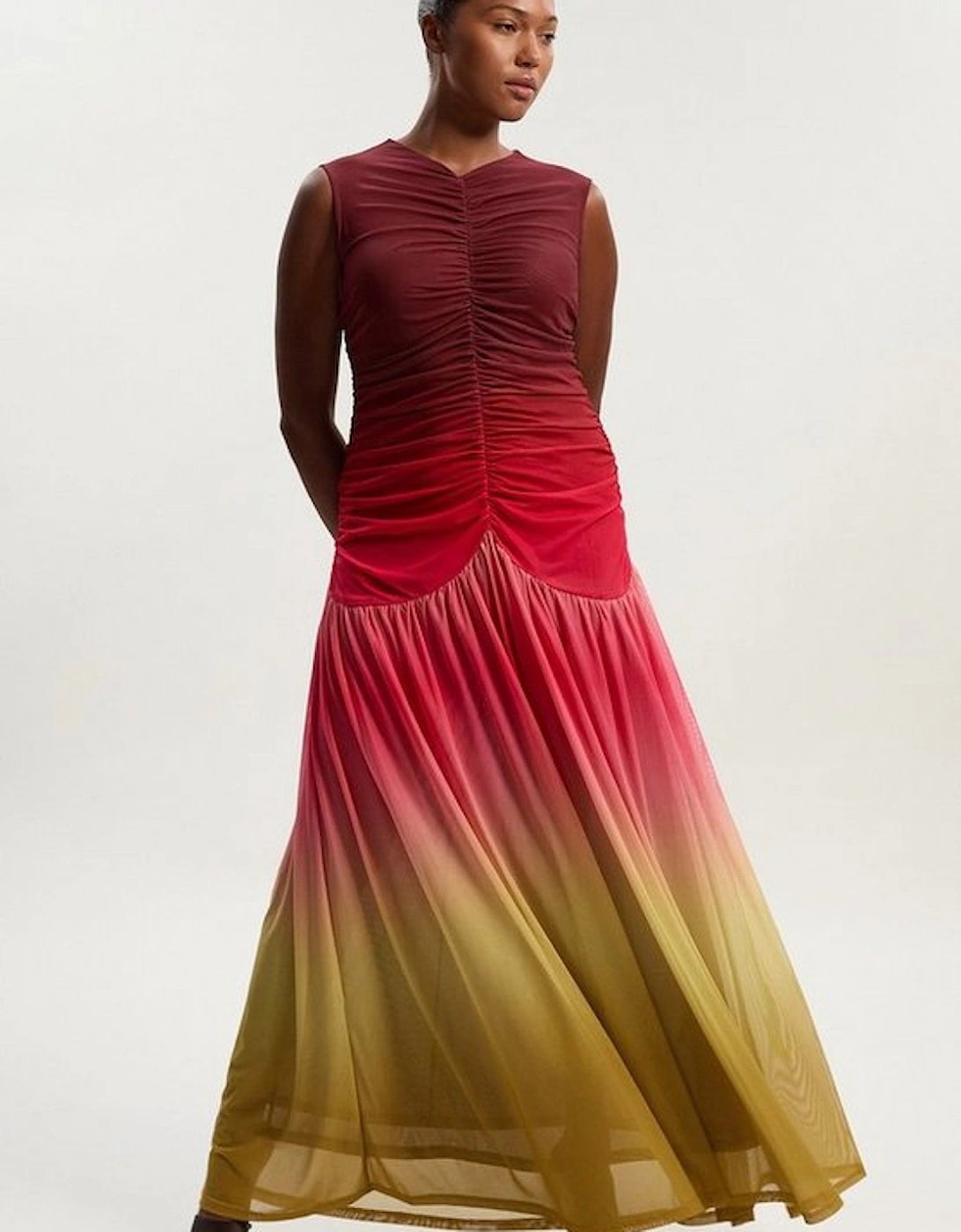 Plus Size Ombre Rouched Jersey Sleeveless Mesh Maxi Dress, 2 of 1