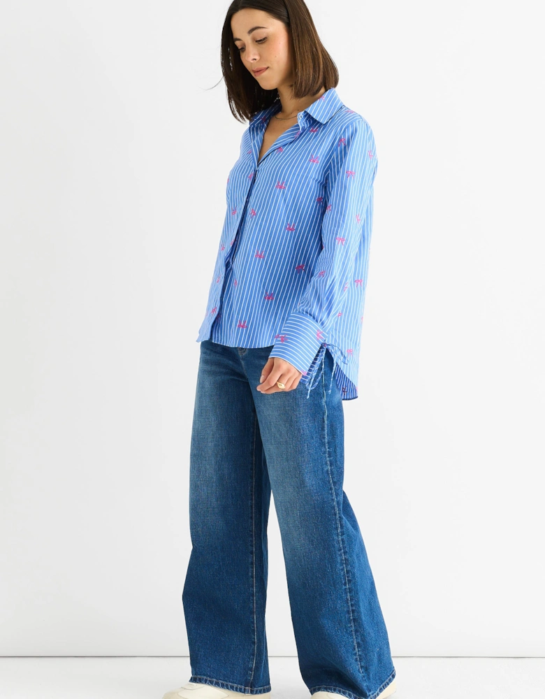 Blue Bow Embroidered Extreme Cuff Stripe Shirt