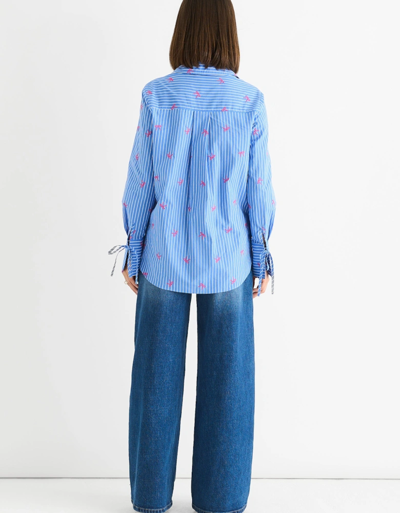 Blue Bow Embroidered Extreme Cuff Stripe Shirt