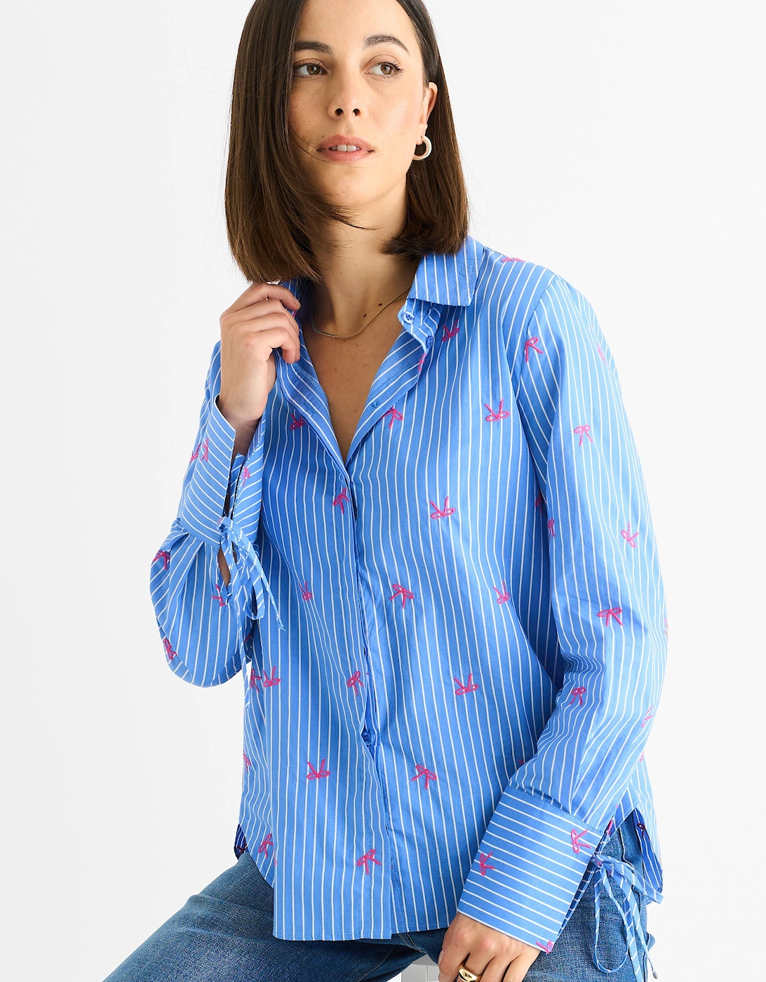 Blue Bow Embroidered Extreme Cuff Stripe Shirt