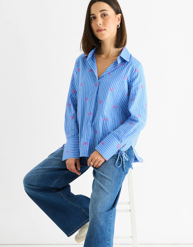 Blue Bow Embroidered Extreme Cuff Stripe Shirt