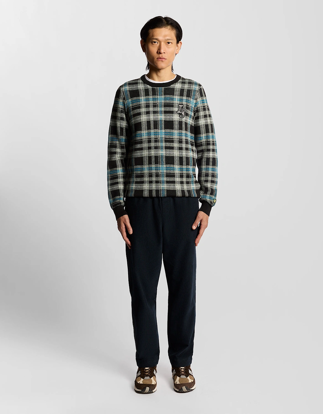 Lyle & Scott Ribbed Jacquard Tartan Crew Neck - X977 Jet Black/Mid Grey Marl