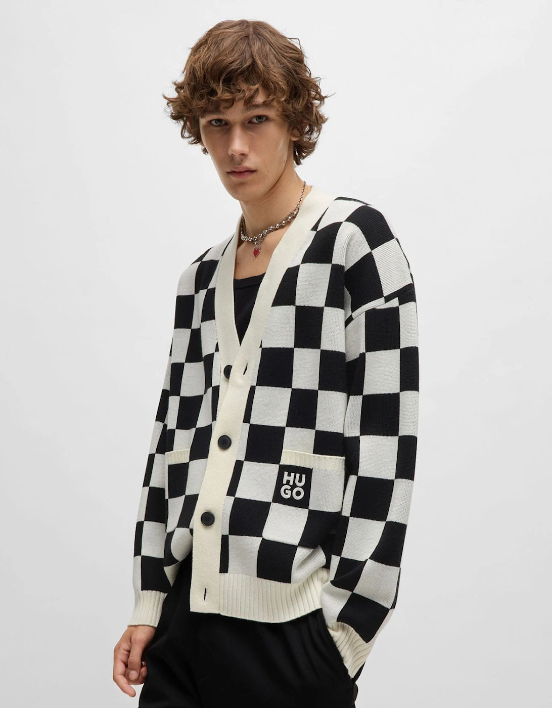 Hugo Boss Men's Skeeches Checked Pattern Cardigan - Cream - Size: 42