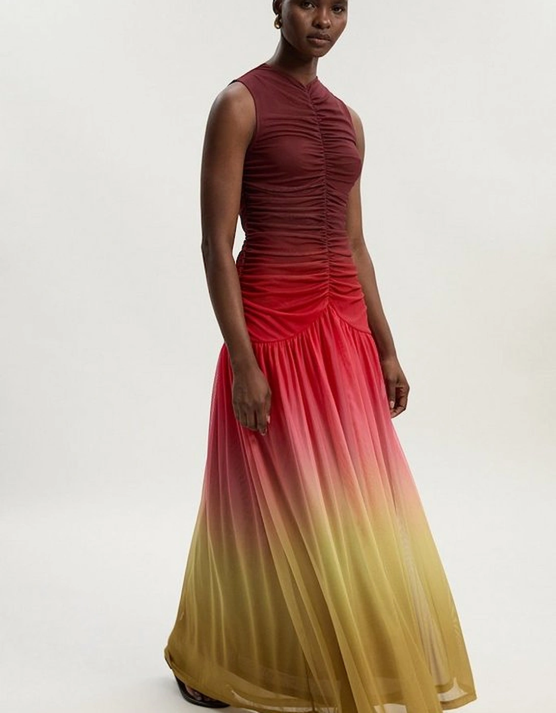 Ombre Rouched Jersey Sleeveless Mesh Maxi Dress, 2 of 1