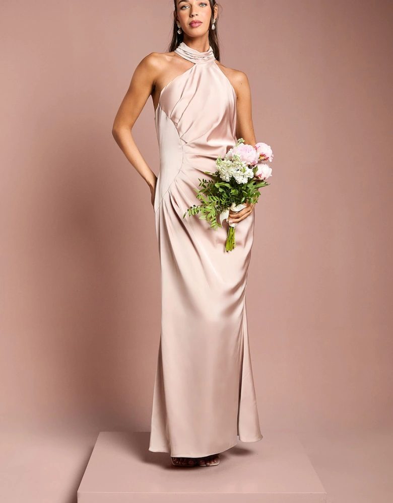 Satin Asymmetric Neckline Maxi Bridesmaids Dress with Ruching Detail