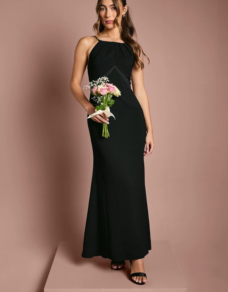 Halter Maxi Bridesmaid Dress with Back Sash Detail