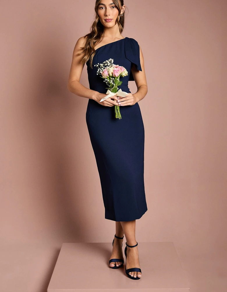 Bow One Shoulder Midi Bridesmaids Dress