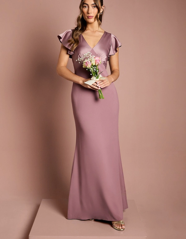 Honoured V Neck Angel Short Sleeve Satin Maxi Bridesmaid Dress