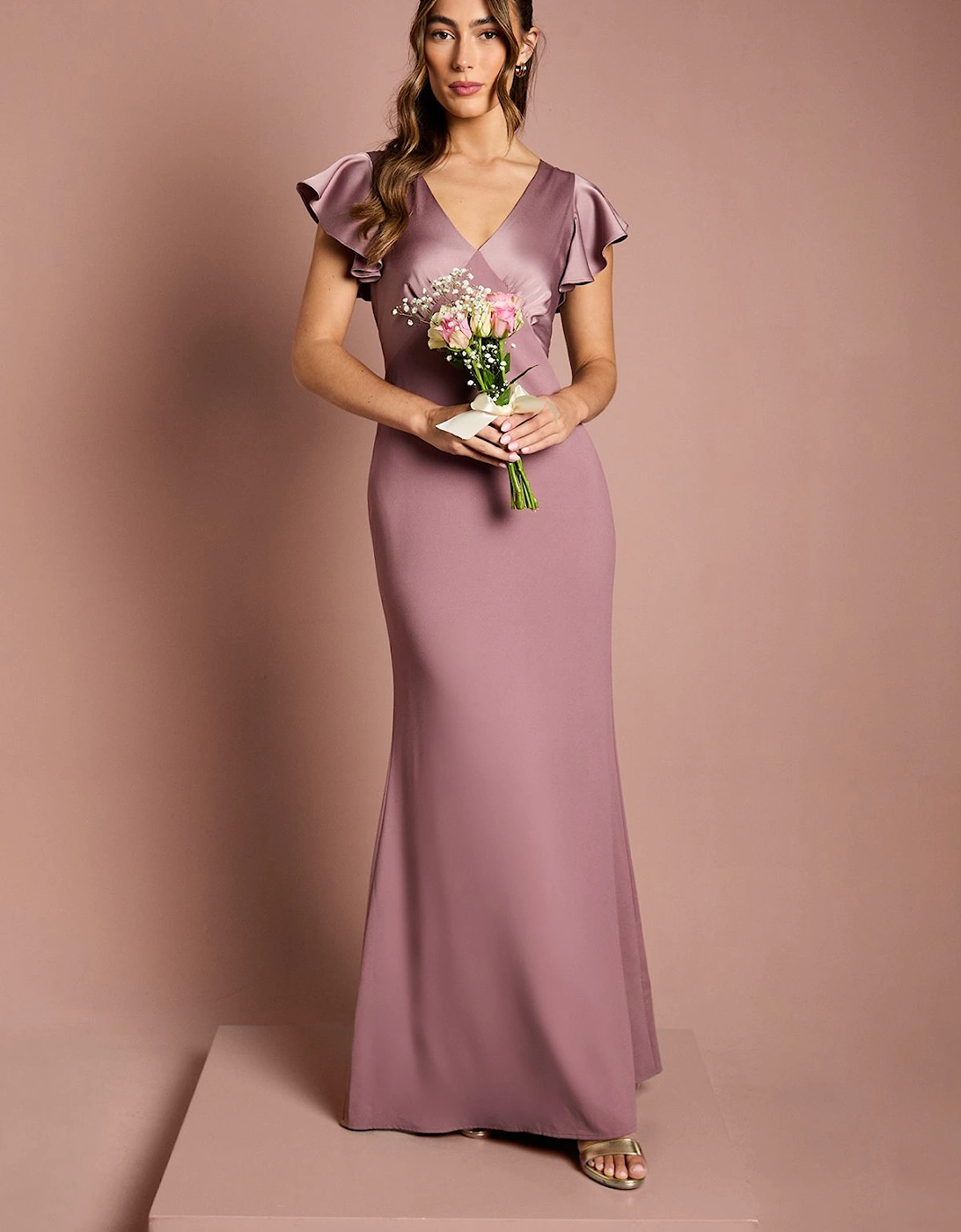 Honoured V Neck Angel Short Sleeve Satin Maxi Bridesmaid Dress, 2 of 1