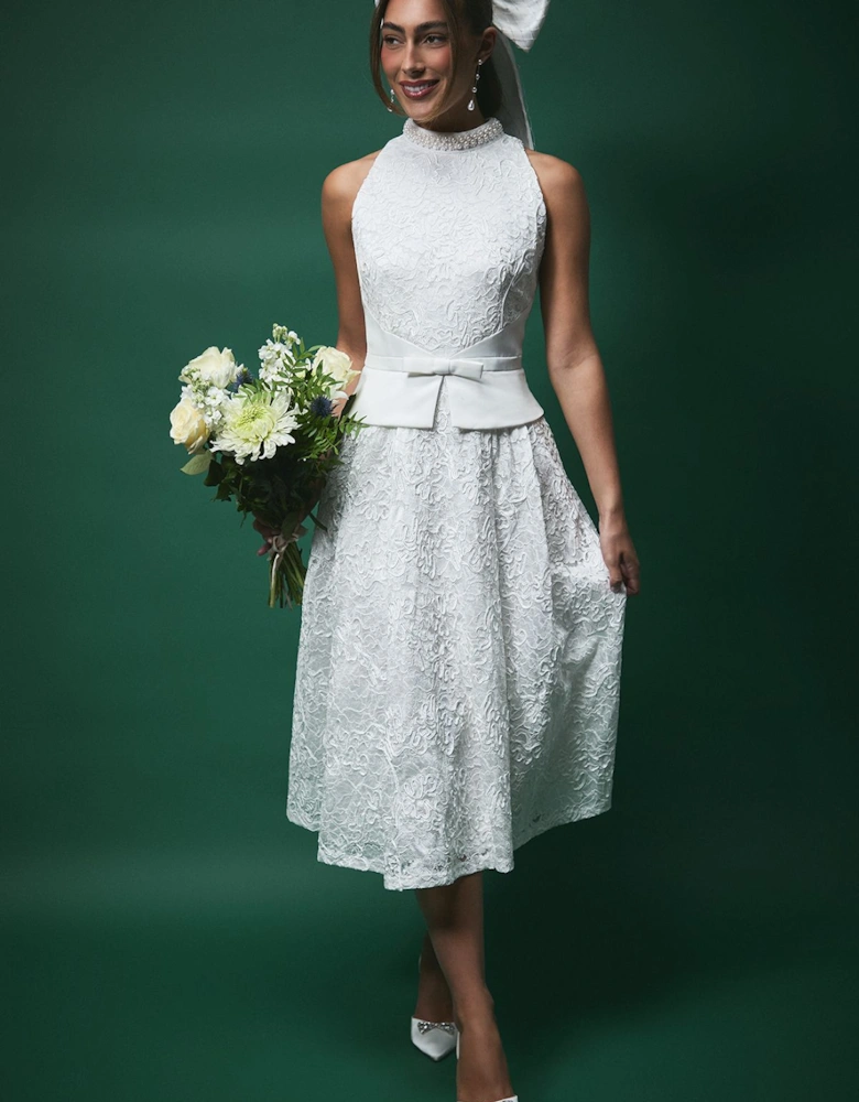Lisa Tan Lace Peplum Detail Midi Wedding Dress