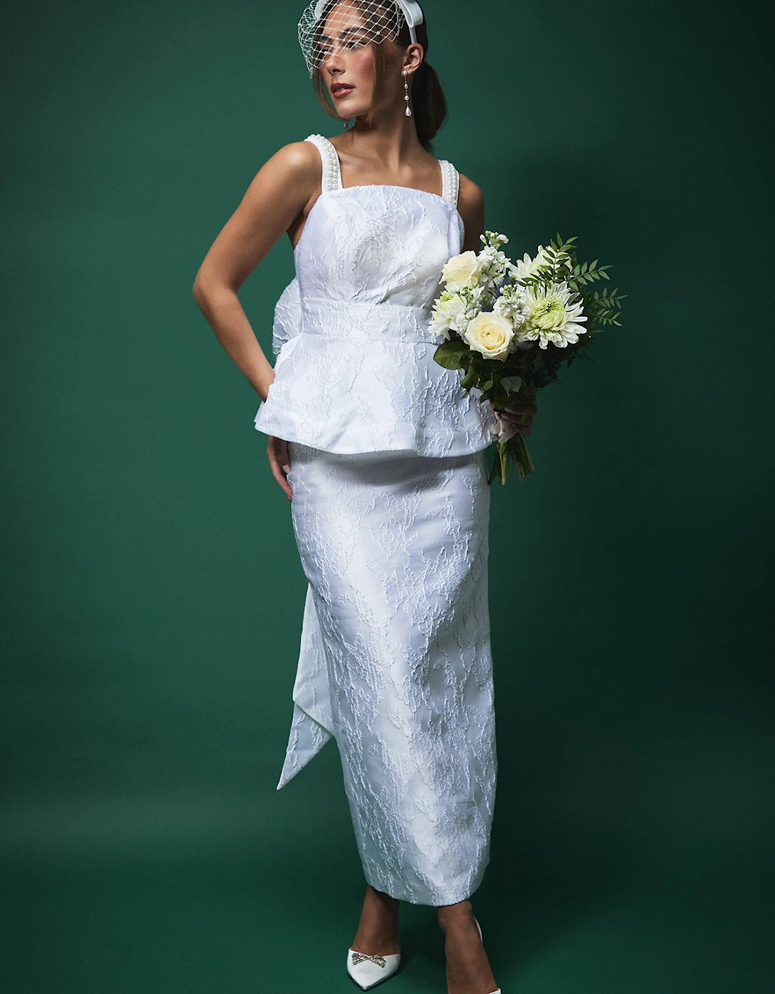 Lisa Tan Pearl Strap Peplum Bridal Top With Statement Bow Detail, 2 of 1