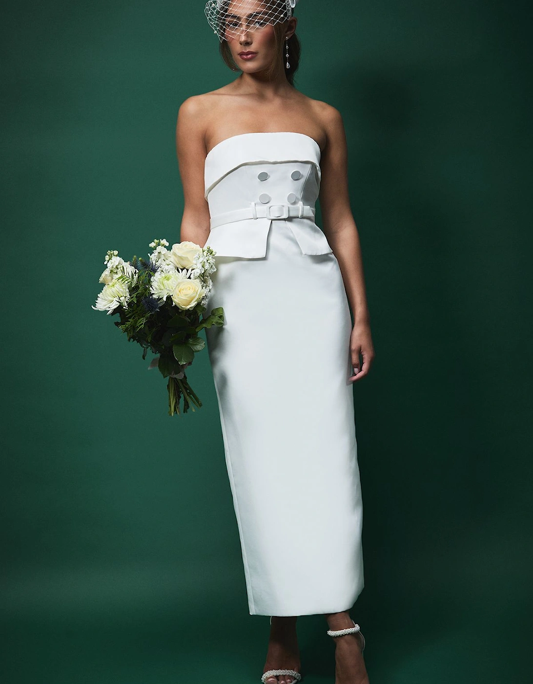 Lisa Tan Bandeau Satin Button Midi Wedding Dress, 2 of 1