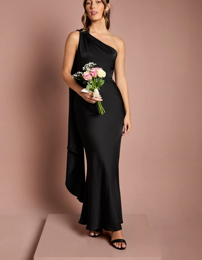 One Shoulder Satin Maxi Bridesmaids Dress With Gold Trim