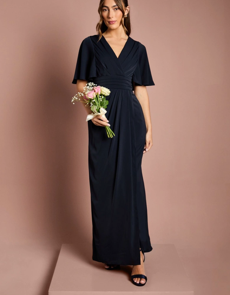 V Neck Flutter Sleeve Bridesmaid Dress
