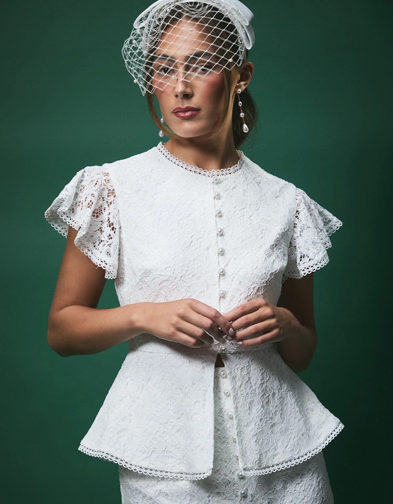 Lisa Tan Textured Sequin Lace with Peplum Hem and Flutter Sleeve Bridal Top
