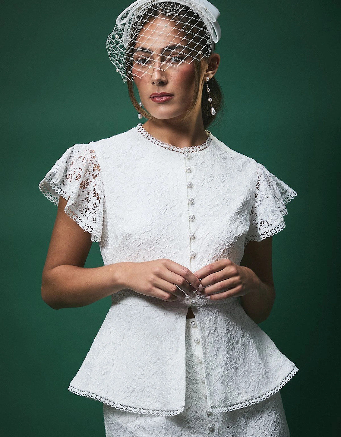 Lisa Tan Textured Sequin Lace with Peplum Hem and Flutter Sleeve Bridal Top, 2 of 1