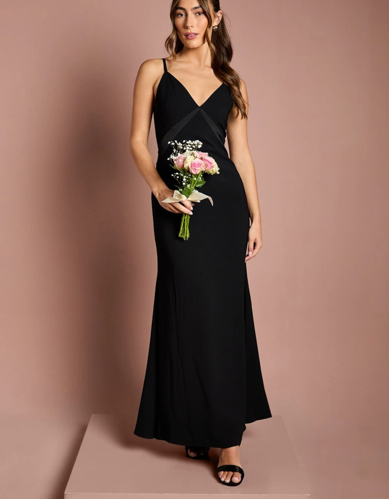 Satin Strappy Maxi Bridesmaid Dress with Back Sash Detail