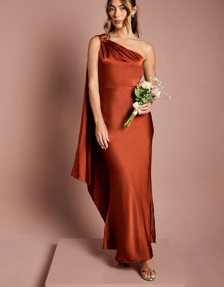 One Shoulder Satin Maxi Bridesmaids Dress With Gold Trim