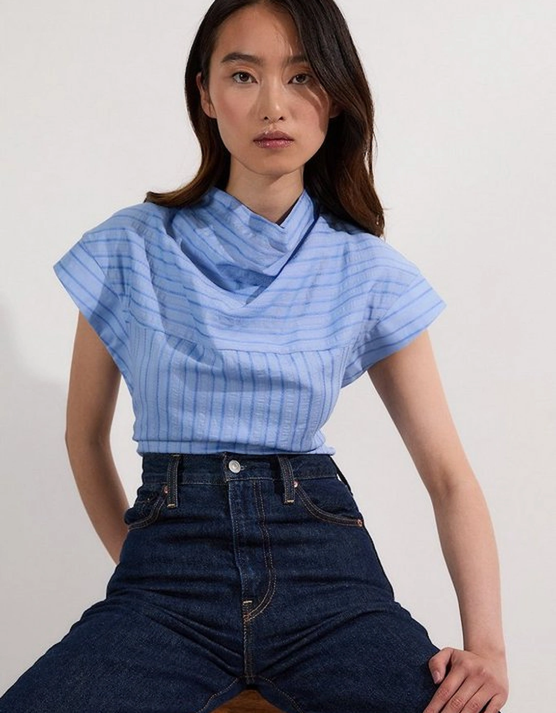 Cotton Stripe High Neck Woven Top, 5 of 4