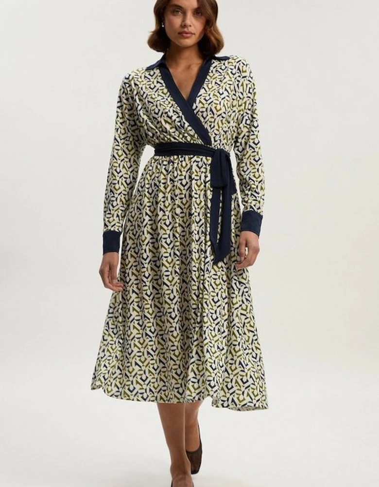 Geo Print Crepe Tie Waist Maxi Dress