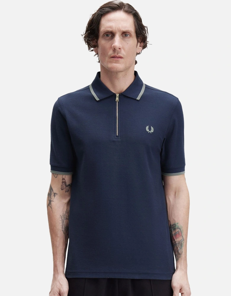 Crepe Pique Zip Neck Polo Shirt Dark Airforce