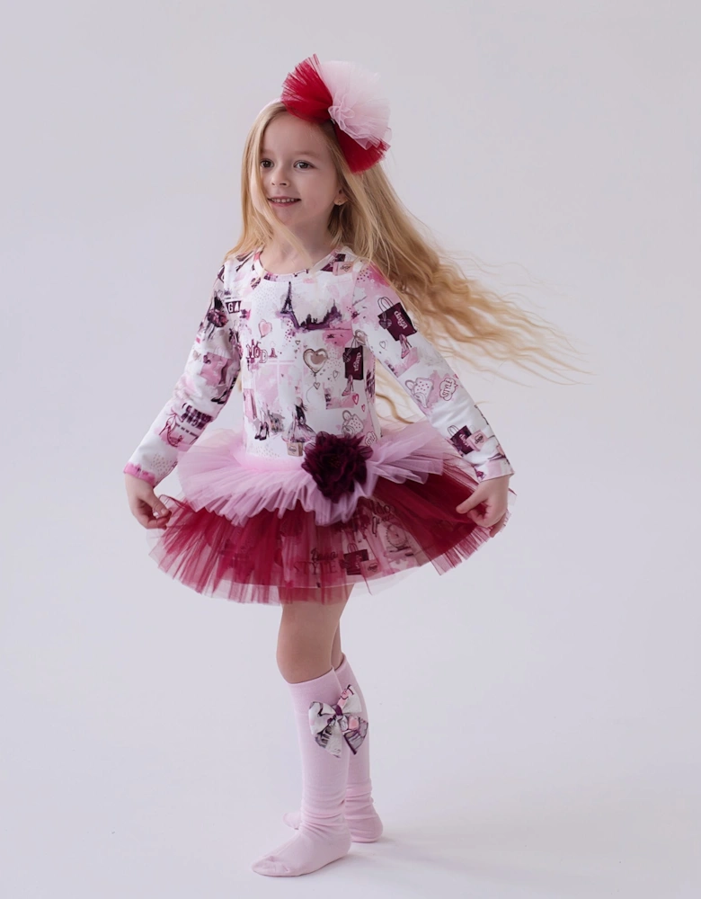 Girls Pink Print Tulle Dress