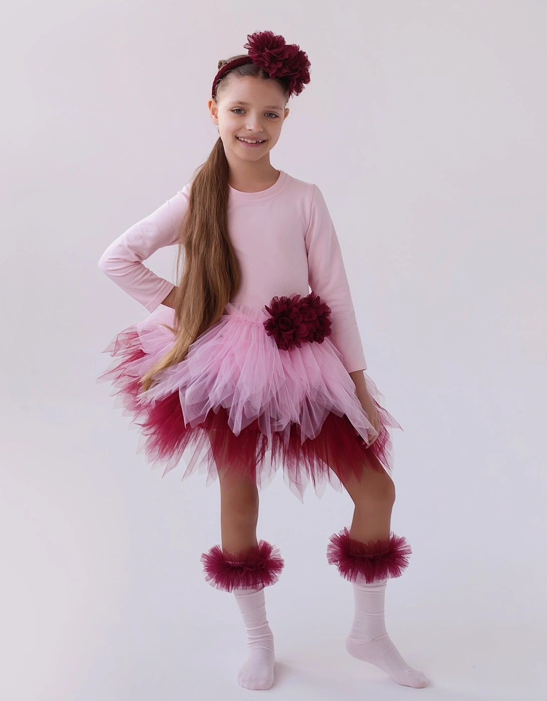 Girls Pink and Burgundy Tulle Dress