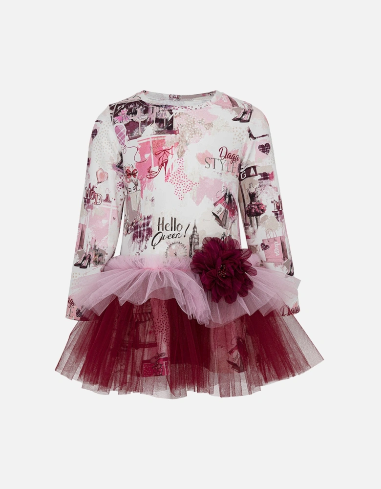 Girls Pink Print Tulle Dress