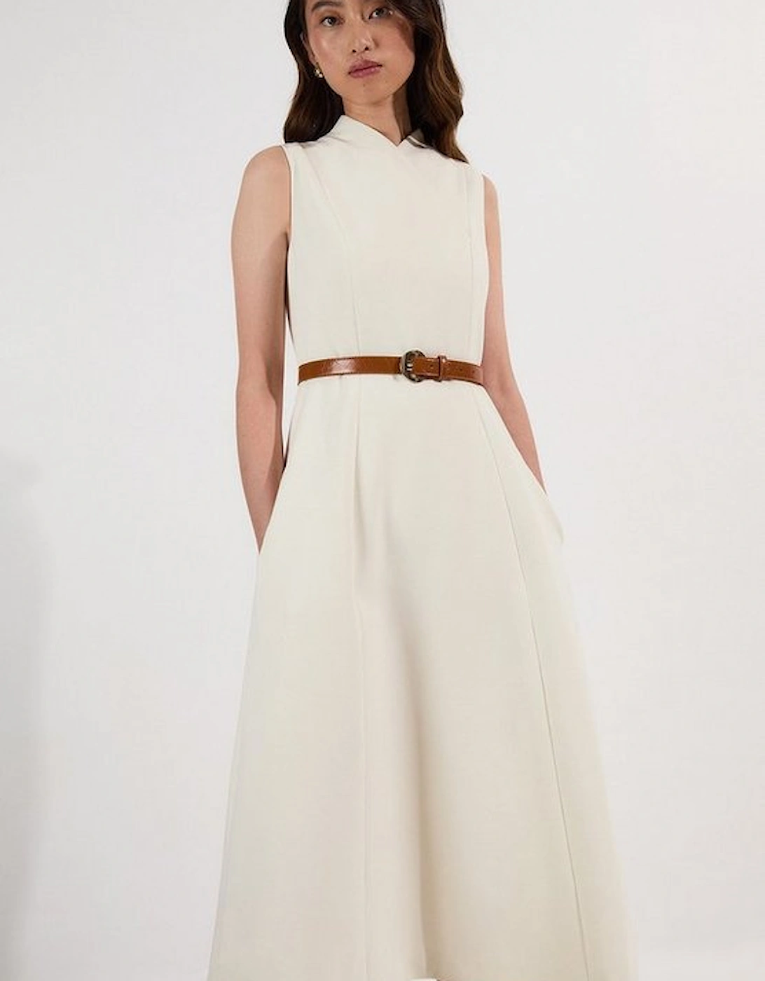 Compact Stretch Wrap Neck Tailored Midi Dress, 2 of 1