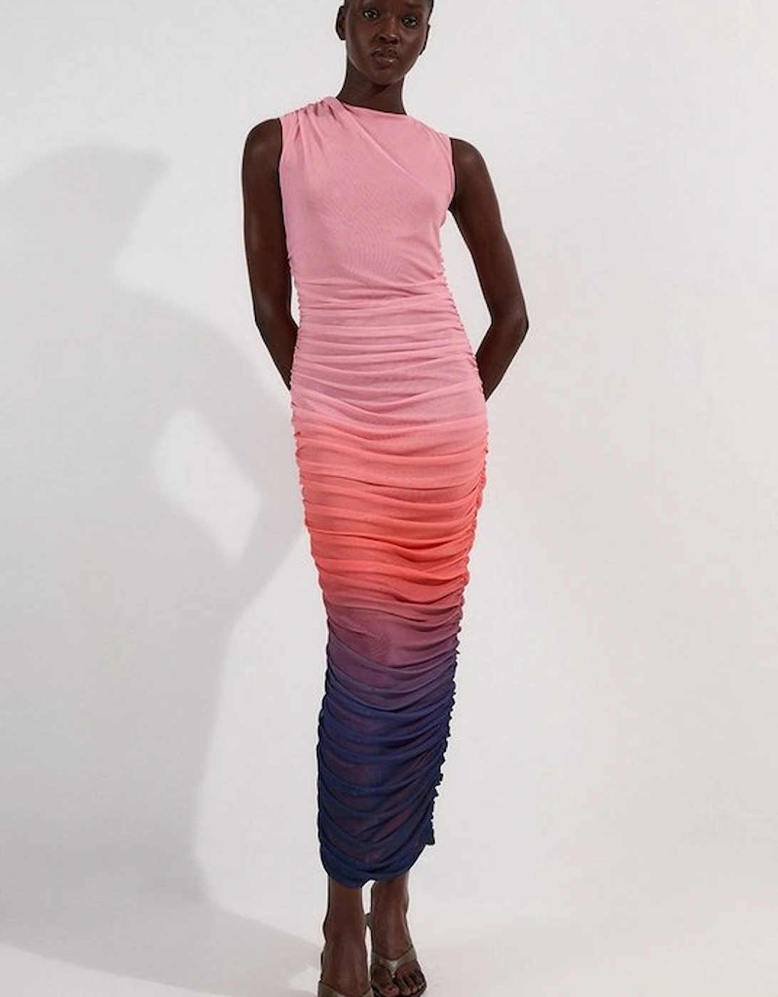Sunset Ombre Mesh Ruched Jersey Maxi Dress, 5 of 4