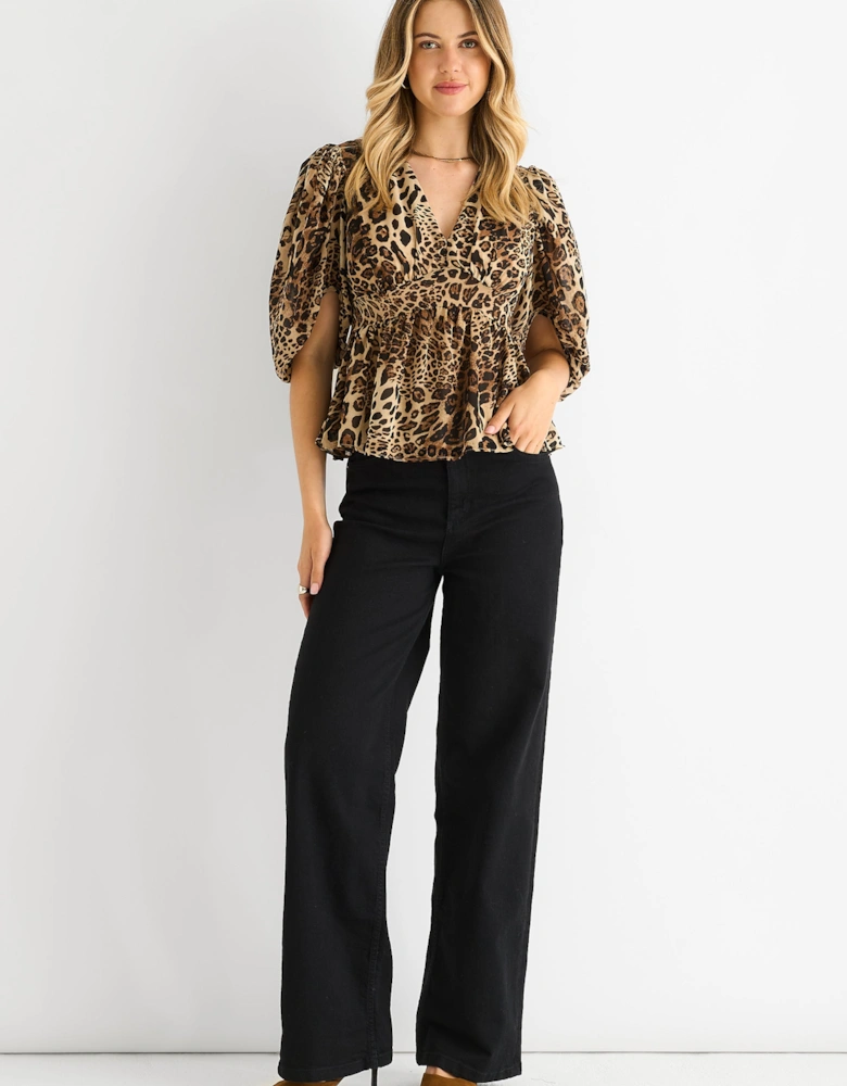 Brown Animal Print V Neck Peplum Blouse