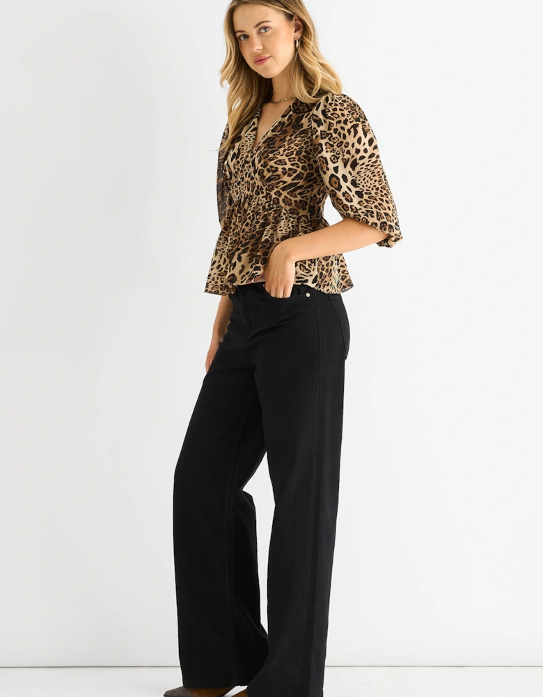 Brown Animal Print V Neck Peplum Blouse