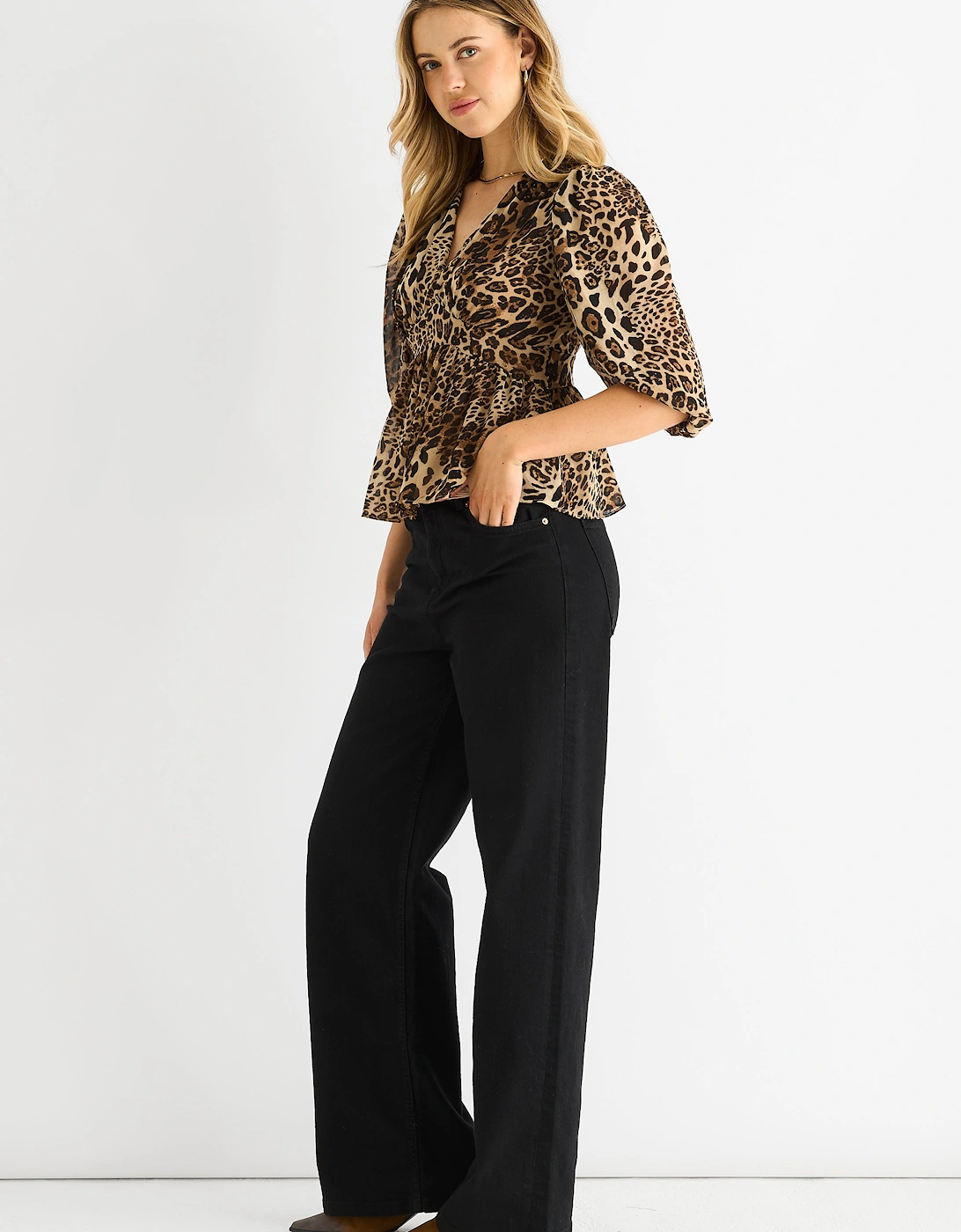 Brown Animal Print V Neck Peplum Blouse