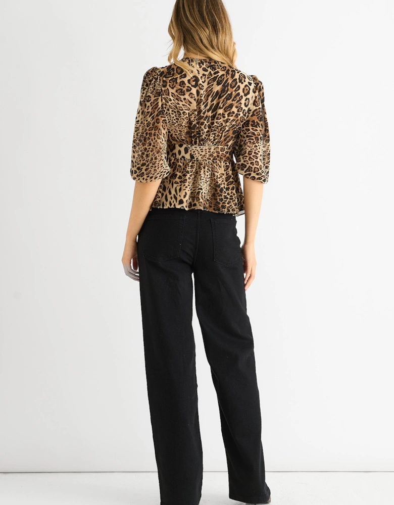 Brown Animal Print V Neck Peplum Blouse