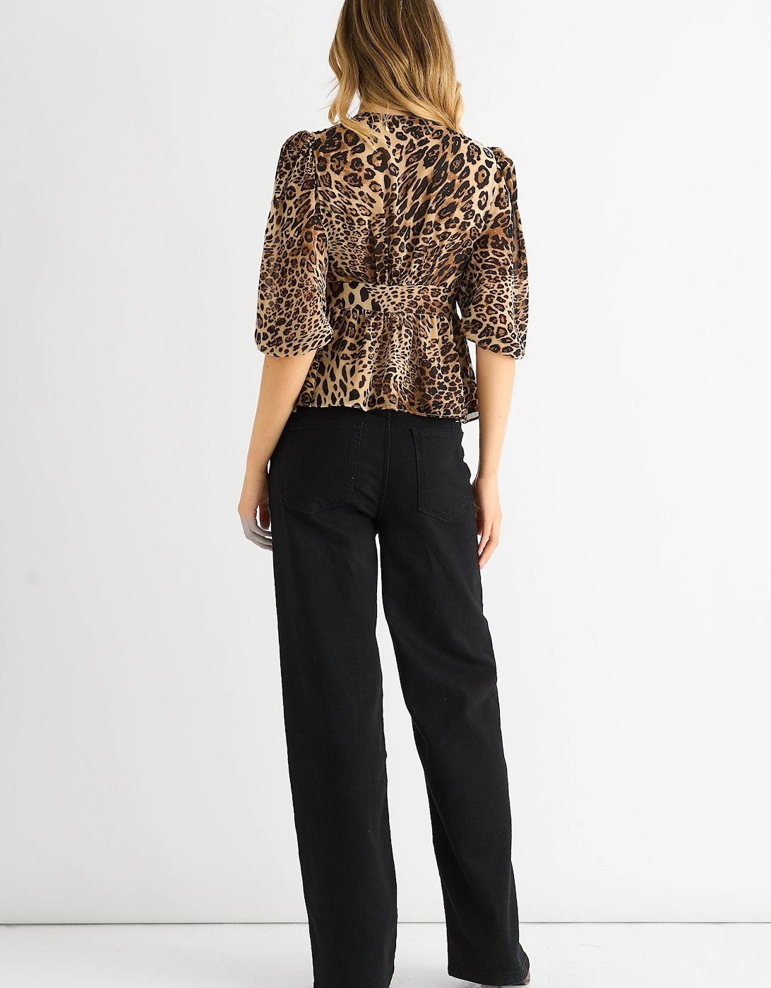 Brown Animal Print V Neck Peplum Blouse