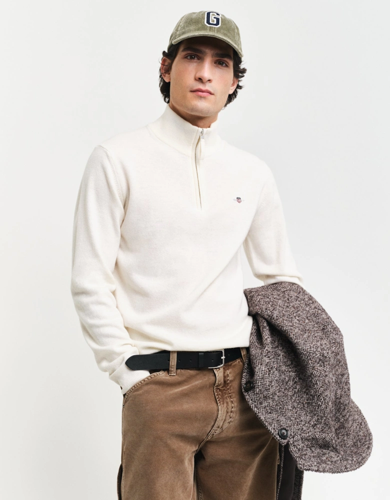Mens Superfine Lambswool Half Zip Cardigan - 130 Cream