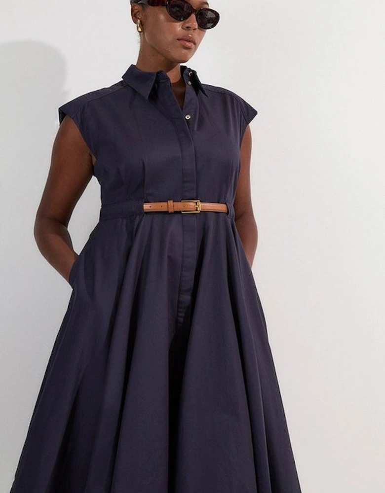 Plus Size Tailored Cotton Belted Collared Full Midi Dress