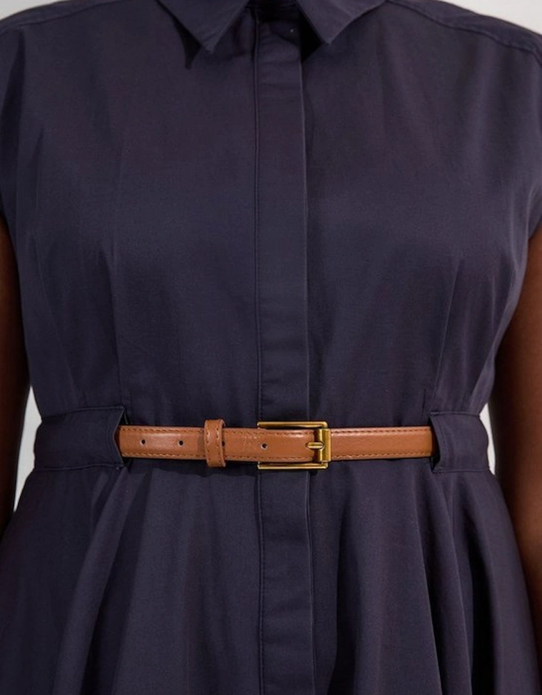 Plus Size Tailored Cotton Belted Collared Full Midi Dress