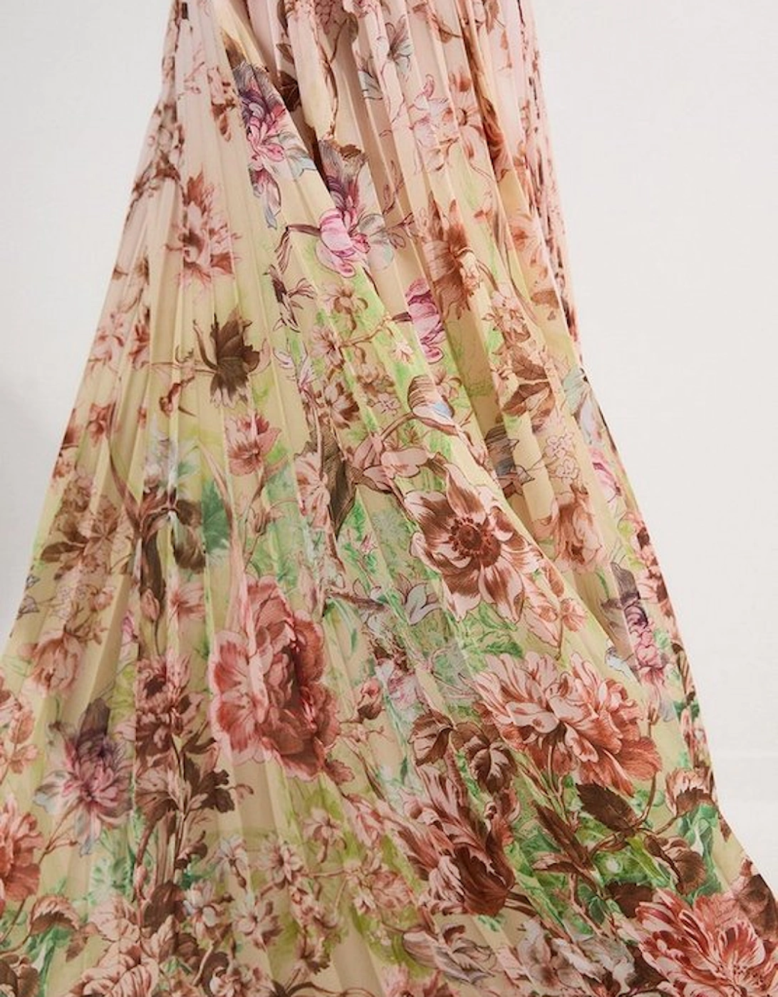 Floral Pleated Crinkle Cut Out Woven Maxi Dress
