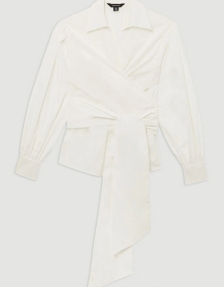 Plus Size Cotton Poplin Drama Sleeve Woven Wrap Detail Blouse