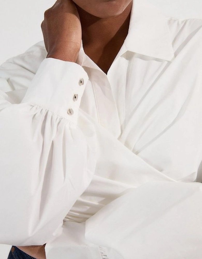 Plus Size Cotton Poplin Drama Sleeve Woven Wrap Detail Blouse