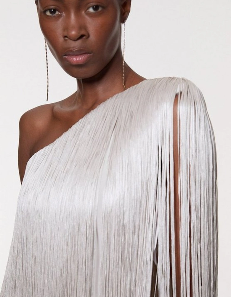 Tall Figure Form Bandage One Shoulder Fringe Mini Knit Dress