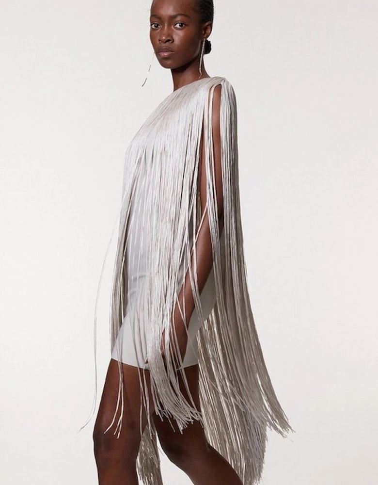 Tall Figure Form Bandage One Shoulder Fringe Mini Knit Dress