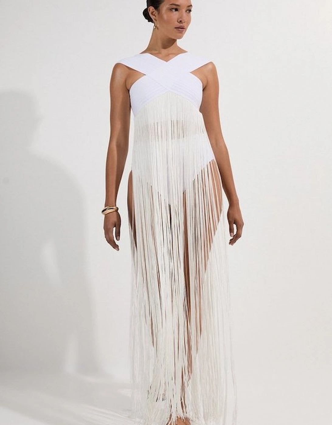 Bandage V Neck Cut Out Fringed Bikini Top, 5 of 4