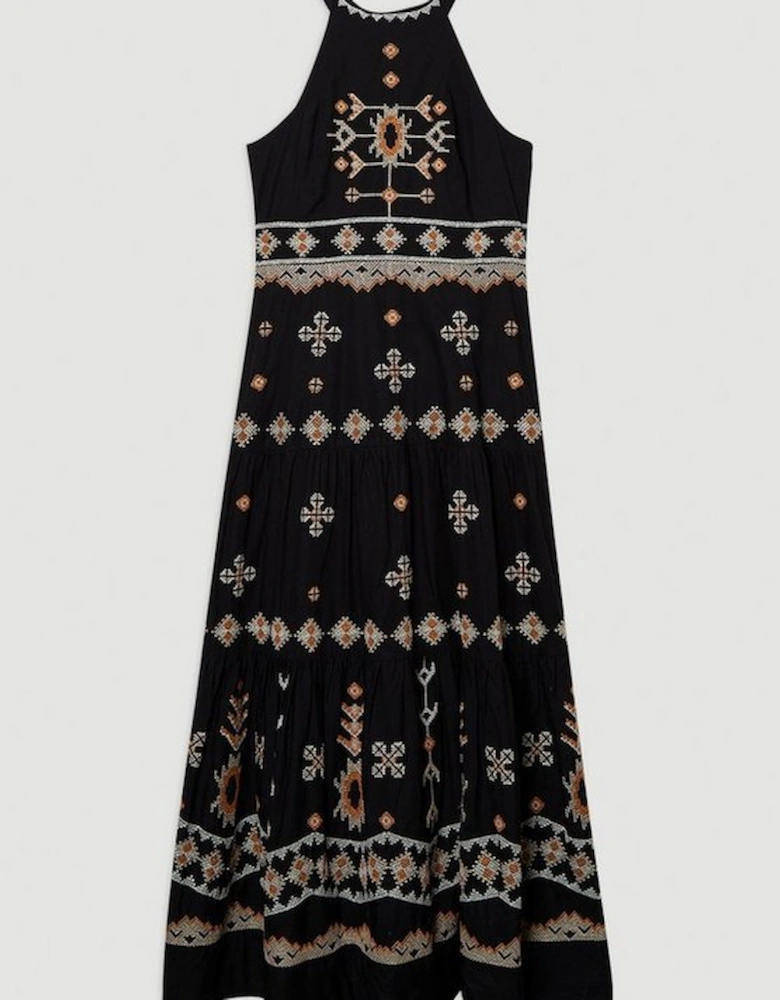 Cotton Embroidered Woven Halter Maxi Dress