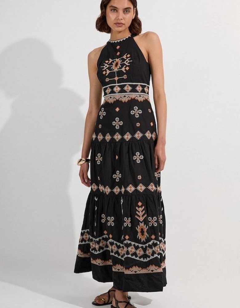 Cotton Embroidered Woven Halter Maxi Dress