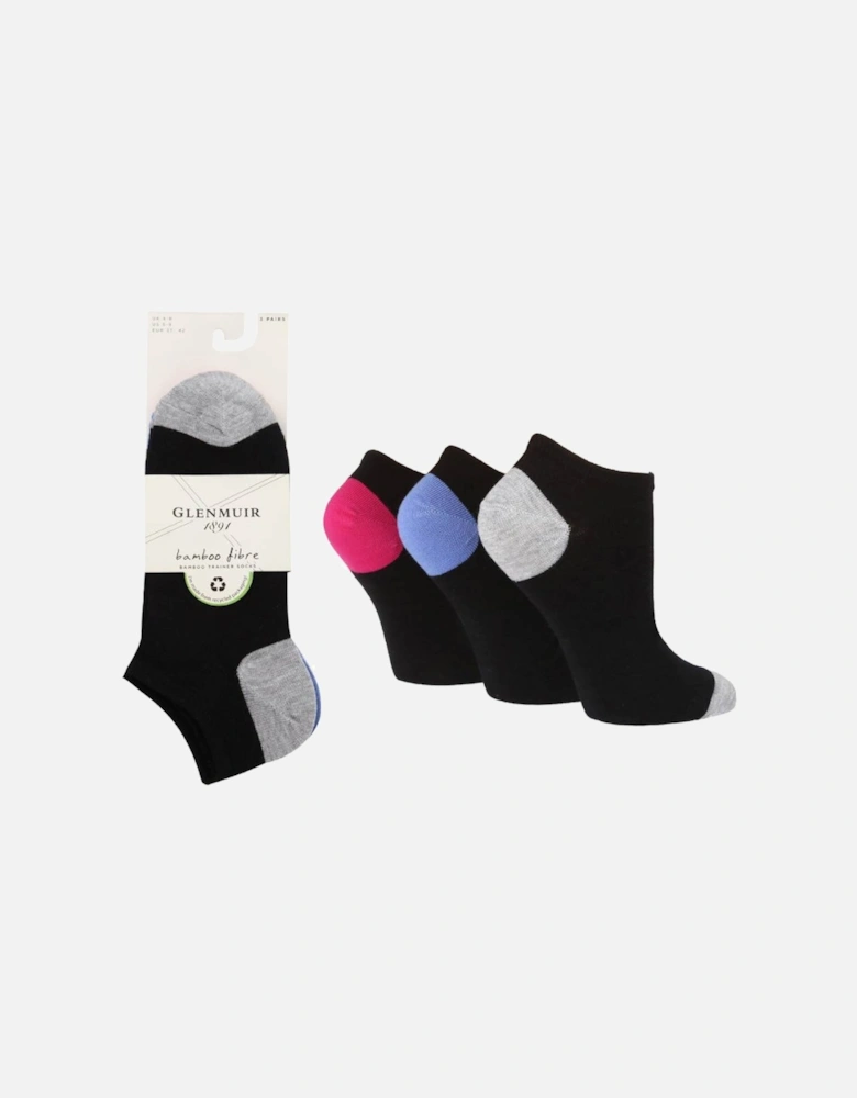 Glenmuir Women's 3-Pack Trainer Sock Black With Grey/Blue/Pink
