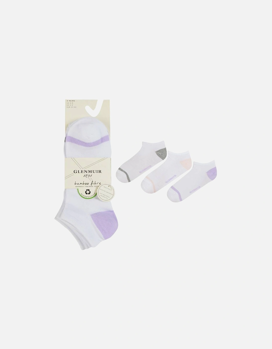 Glenmuir Women's 3-Pack Trainer Sock White With Lilac/Grey/Pink